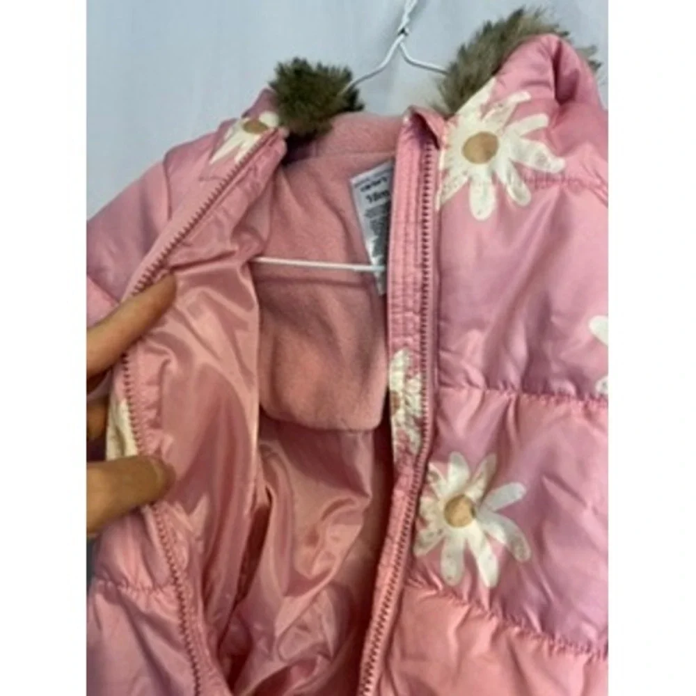 Carters Pink Daisy Floral Puffer Snowsuit Faux Fur Hood 18M Pink White Winter